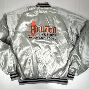 VTG Houston Livestock Show Rodeo Bomber Jacket SILVER Satin Buttons Large EUC